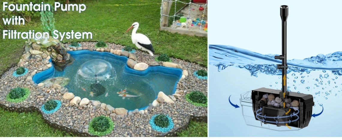 Fountain Pump with Filtration System - Garden Pond Setup.