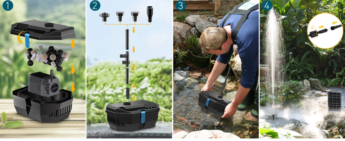 Step-by-step guide for setting up a pond pump system. Part 1: Components of the pump system. Part 2: Assembly process with nozzles and connectors. Part 3: Installing the pump in a pond. Part 4: Final result with a functioning fountain.