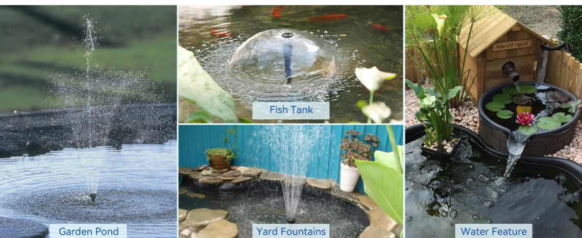 Garden Pond: A pond with a fountain spraying water upwards. Fish Tank: A fish tank with a spherical water feature and fish swimming around. Yard Fountains: A fountain in a garden setting with plants and flowers surrounding it. Water Feature: A decorative water feature with a small house-shaped structure and a waterfall.