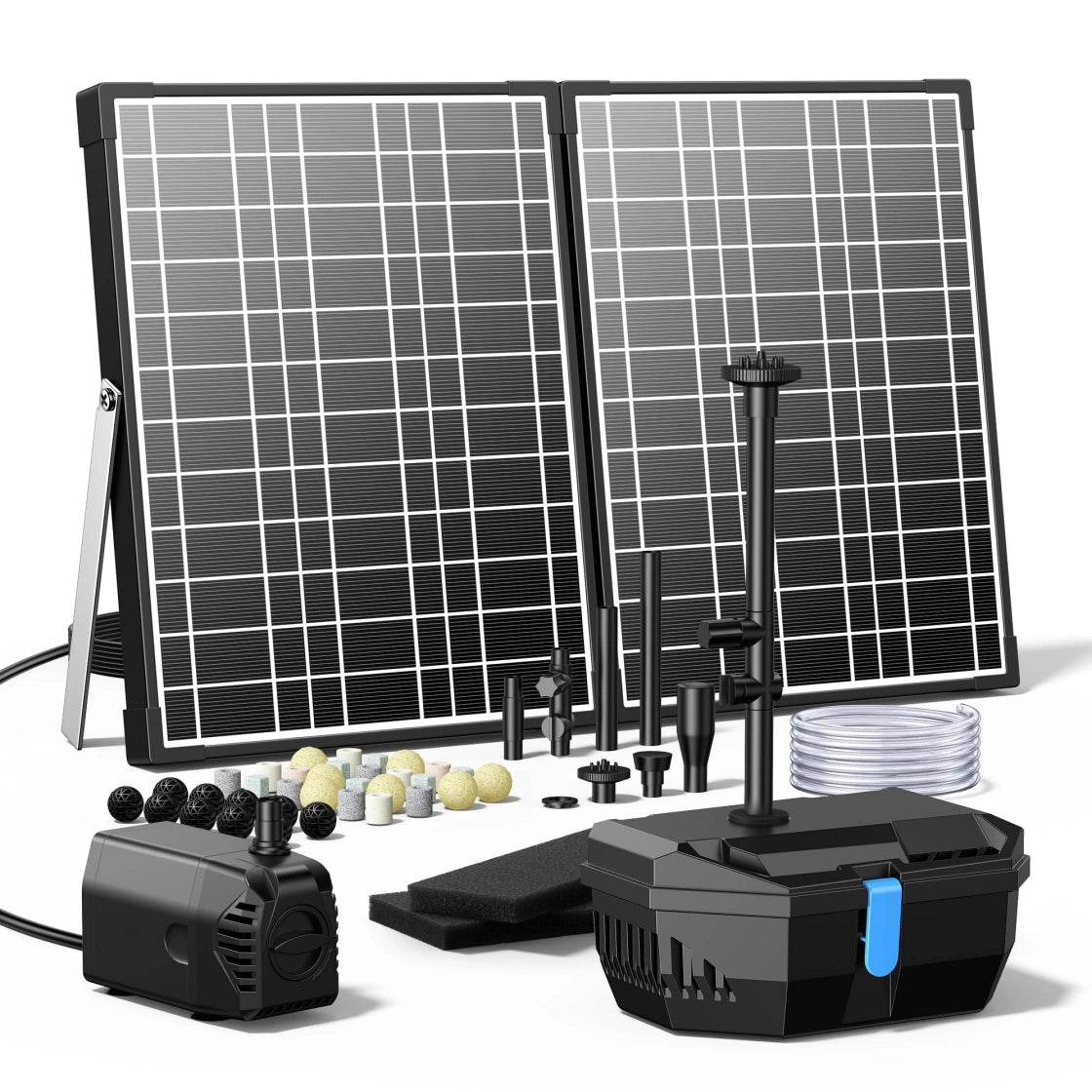 A solar-powered water pump kit with two solar panels, a submersible pump, various fountain heads, and accessories. The kit includes everything needed for setting up a solar-powered water feature in a garden or pond.