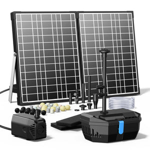 A solar-powered water pump kit with two solar panels, a submersible pump, various fountain heads, and accessories. The kit includes everything needed for setting up a solar-powered water feature in a garden or pond.