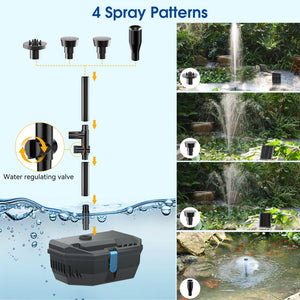 a solar-powered fountain pump with four different spray patterns. The text "4 Spray Patterns" is displayed at the top, indicating the variety of water effects available. Each spray pattern is demonstrated in a garden setting, with the corresponding nozzle shown above each example. The left side of the image illustrates the components of the pump, including the water regulating valve and the various nozzles that can be attached to create different spray effects.