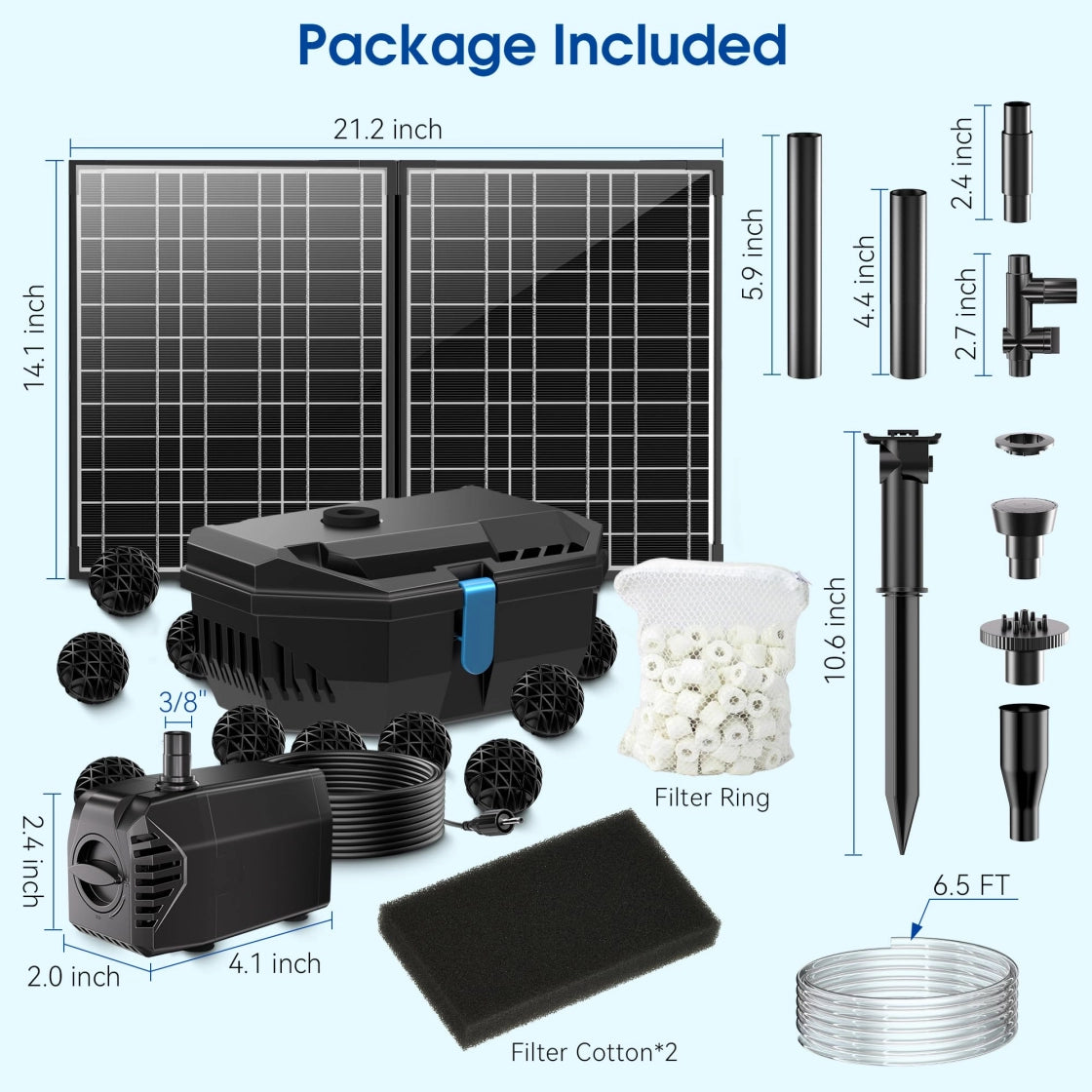 a package for a solar-powered water pump system. The package includes:
A solar panel with dimensions 21.2 inches by 14.1 inches.
A main pump unit with dimensions 4.1 inches by 3.8 inches by 2.0 inches.
A filter ring with dimensions 5.9 inches by 4.4 inches by 2.7 inches.
Two pieces of filter cotton.
Various nozzles and adapters with different dimensions.
A hose with a length of 6.5 feet.