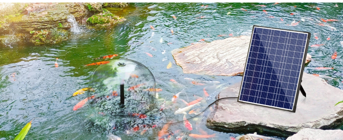 Solar powered panel next to koi pond