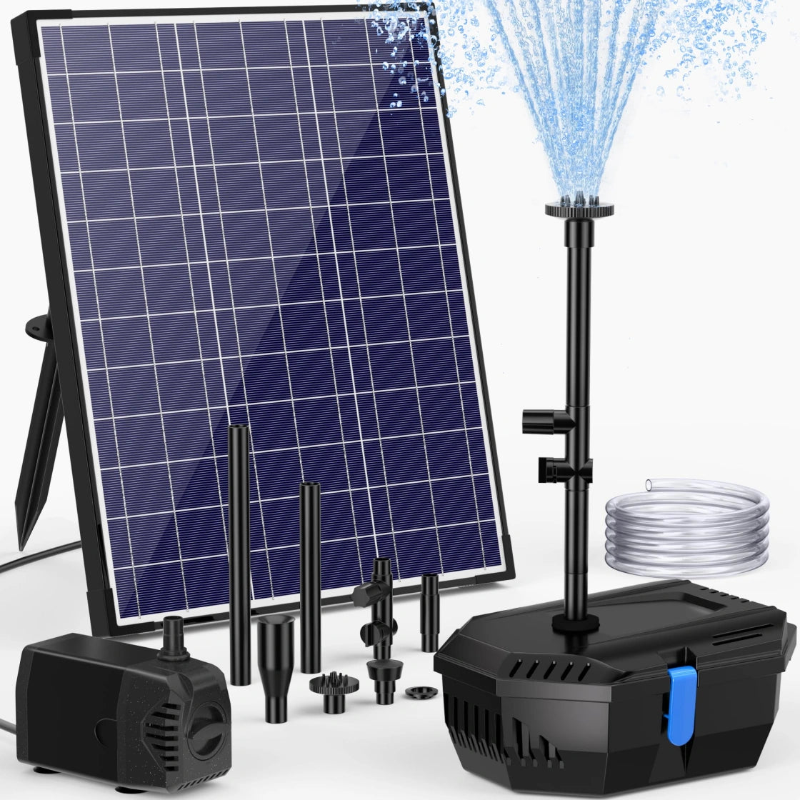 A solar-powered water fountain kit with various components. The kit includes a solar panel, a fountain pump, and different nozzles for various water flow patterns. There is also a transparent hose and an additional pump in the image.