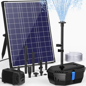 A solar-powered water fountain kit with various components. The kit includes a solar panel, a fountain pump, and different nozzles for various water flow patterns. There is also a transparent hose and an additional pump in the image.