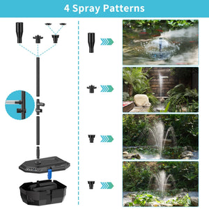a water fountain pump with four different spray patterns.