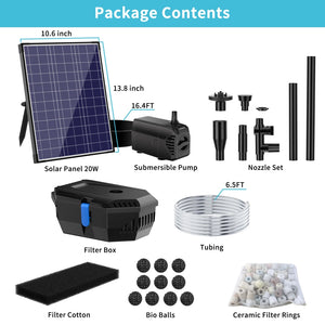 the package contents of a solar-powered water pump kit. The components include:
A solar panel with dimensions 10.6 inches x 13.8 inches.
A submersible pump with a cable length of 16.4 feet.
A nozzle set with various attachments.
A filter box with a cable length of 6.5 feet.
Tubing.
Filter cotton.
Bio balls.
Ceramic filter rings.