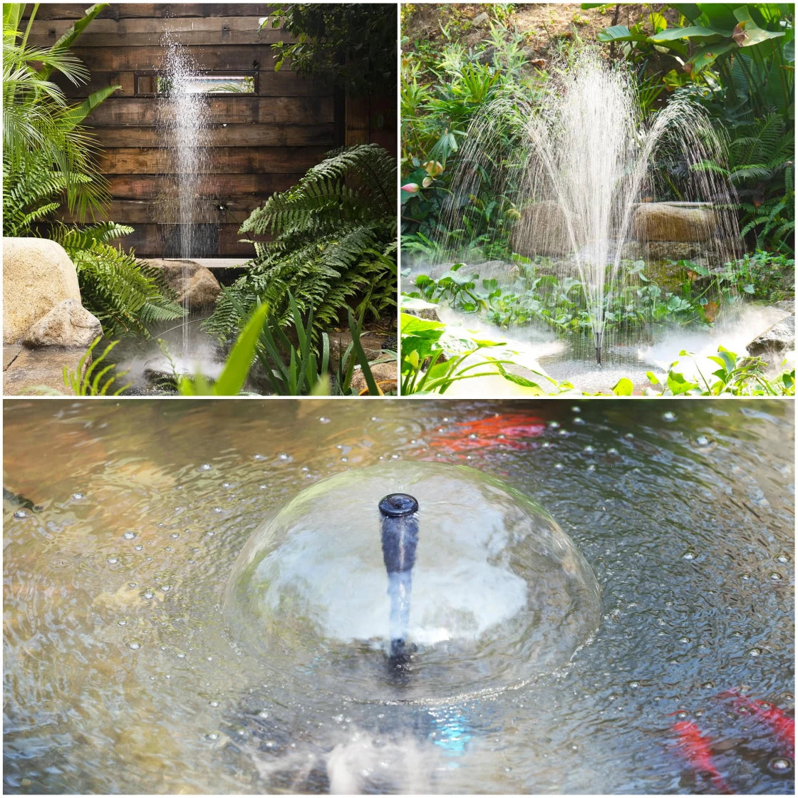Three images of water features in a garden:
A waterfall cascading down a wooden wall into a pond surrounded by ferns and rocks.
A fountain spraying water into a pond with lush green plants and rocks around it.
A close-up of a fountain head creating a bubble effect in a pond with koi fish swimming around.