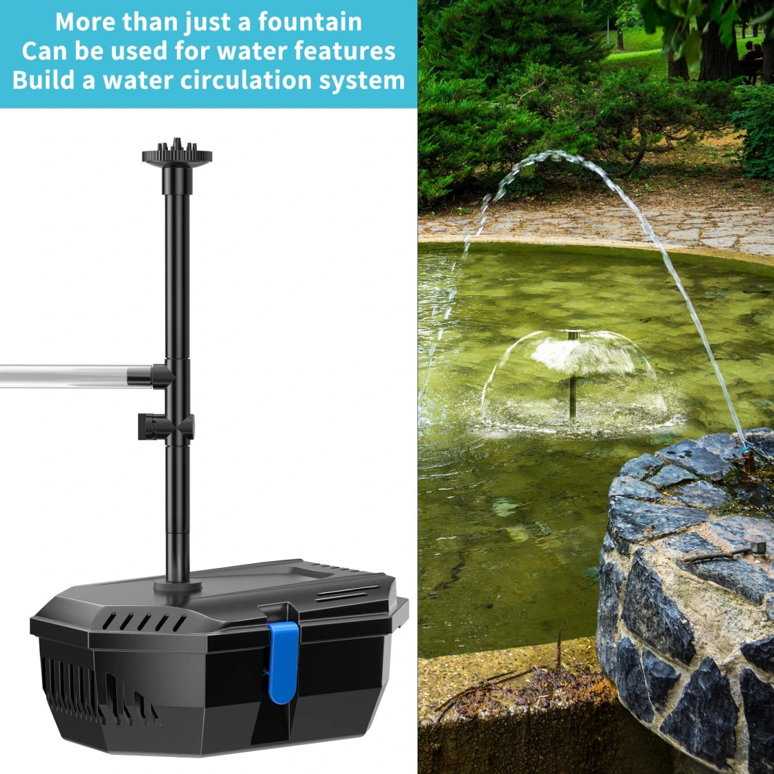 A solar-powered fountain pump with adjustable water spouts, perfect for creating water features in gardens and ponds. The text reads: "More than just a fountain. Can be used for water features. Build a water circulation system."