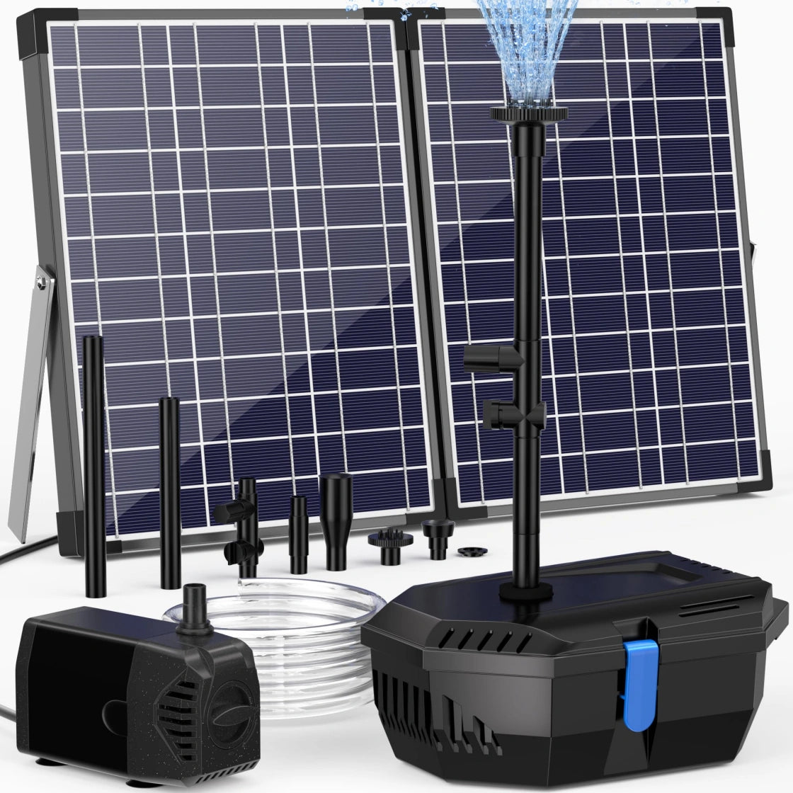 A solar-powered water pump system with two solar panels, a fountain head spraying water, and various nozzles and connectors. The system includes a submersible pump and a control unit with a blue handle.