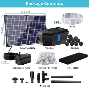 the package contents of a solar-powered water filtration system.