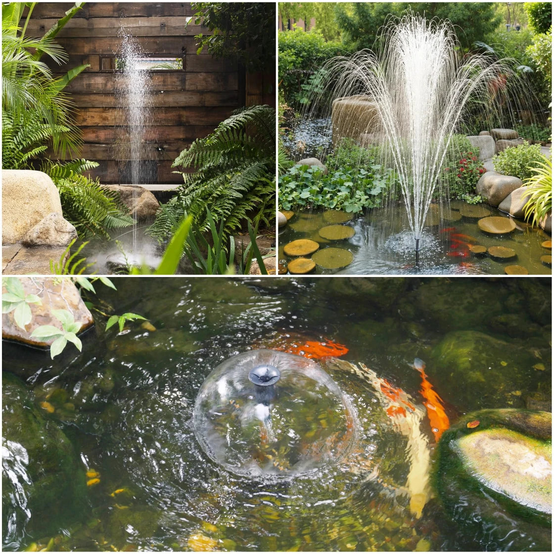 Three types of garden fountains: a wall-mounted fountain with water cascading into a pond surrounded by lush greenery, a central fountain shooting water in multiple streams in a pond with lily pads and colorful fish, and a bubbling fountain creating ripples in a pond with koi fish swimming around.
