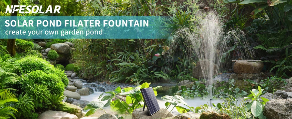 Solar-powered fountain in a lush garden pond