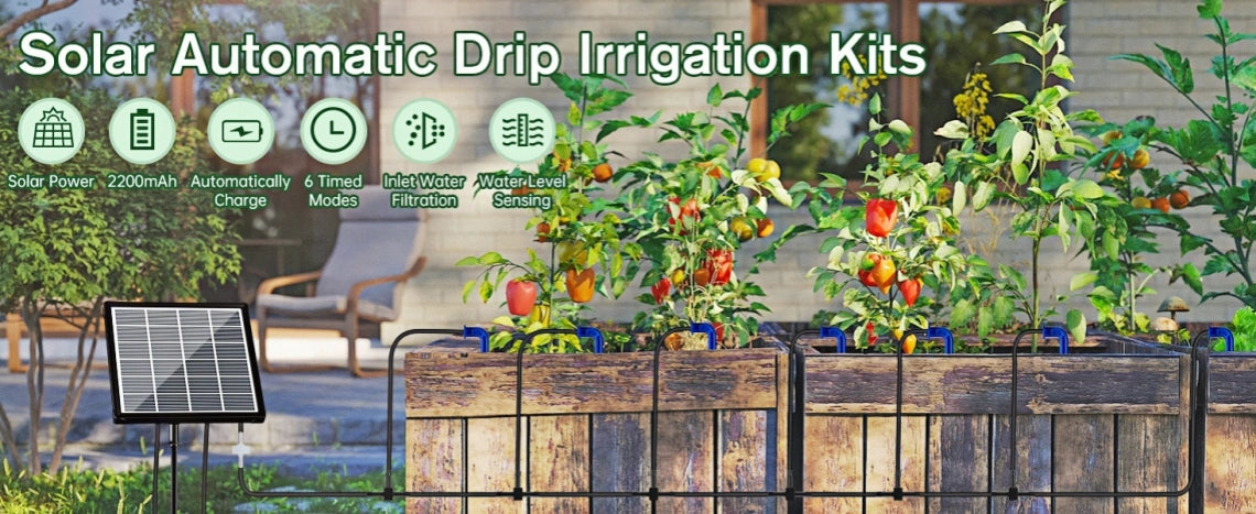 NFESOLAR Solar Drip Irrigation System in Real-Life: Garden Wooden Planter with Plants, Solar Panel, and Automatic Irrigation Device