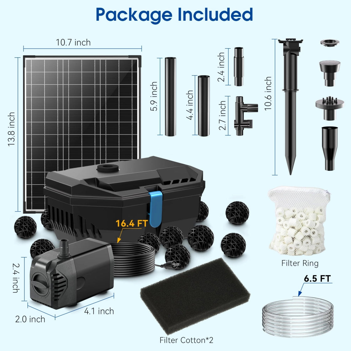 a water feature or pond setup, utilizing solar power for energy efficiency. The inclusion of multiple filters and a long hose suggests it is intended for use in larger setups where water quality and circulation are important.
